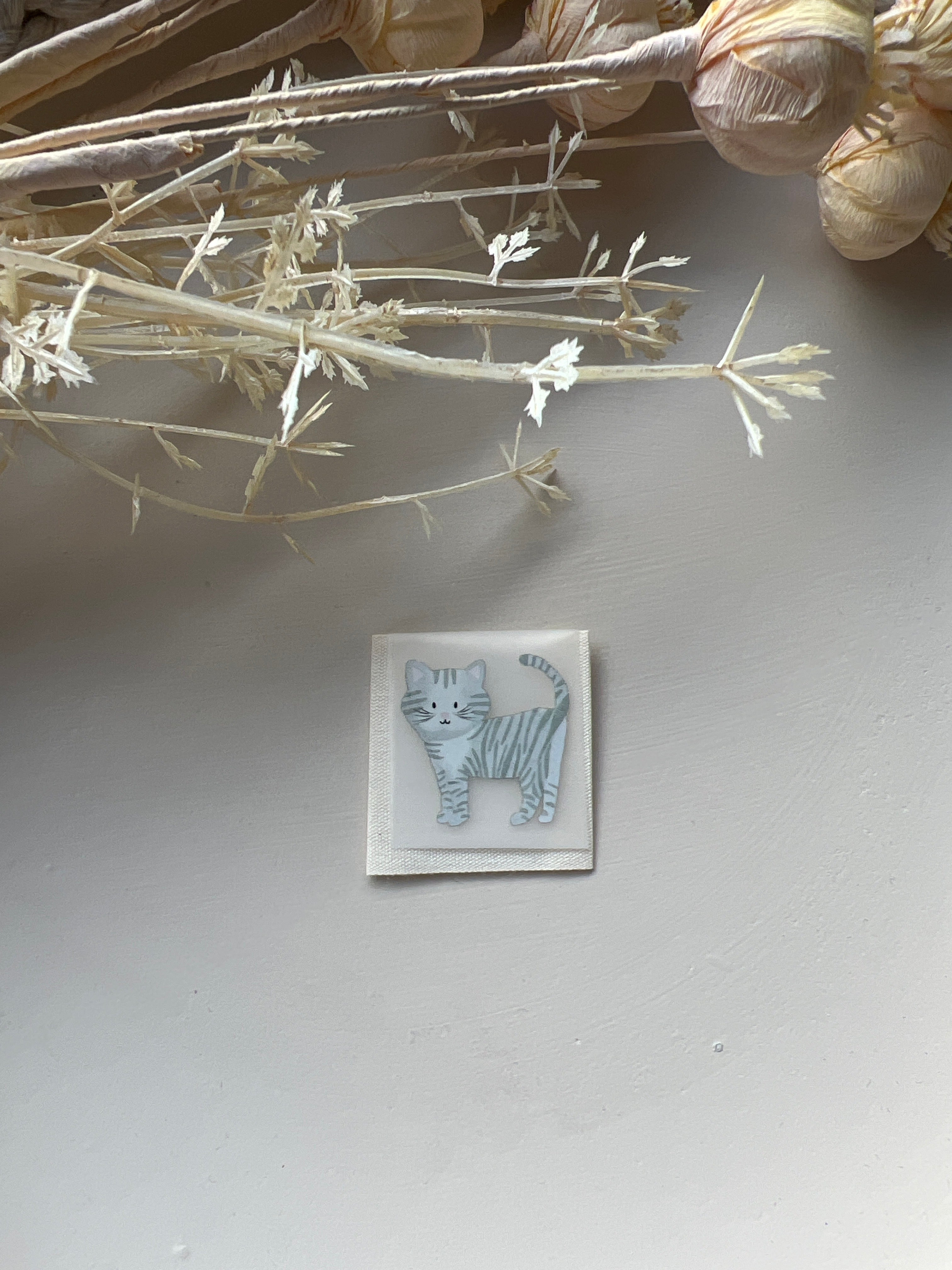 Bügelbild Katze grau gestreift KF 100-0024-1 3cm breit+ Baumwolllabel 4-1.1