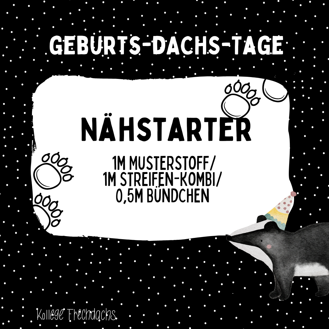 Geburts-Dachs Nähstarter 1m Musterstoff/1m Streifen-Kombi/0,5m Bündchen