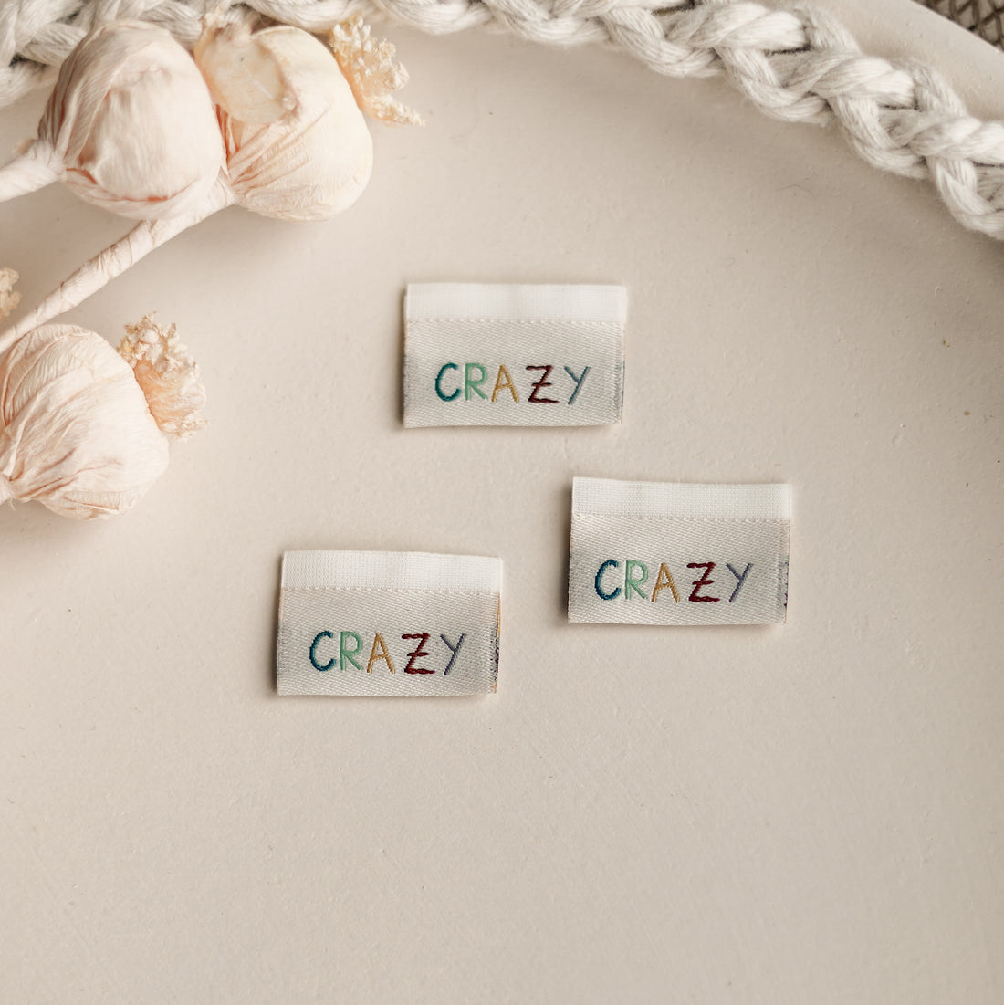 1 Set (5 Stück) doppelseitiges Weblabel crazy - lovely 1500-0003 26-3.3