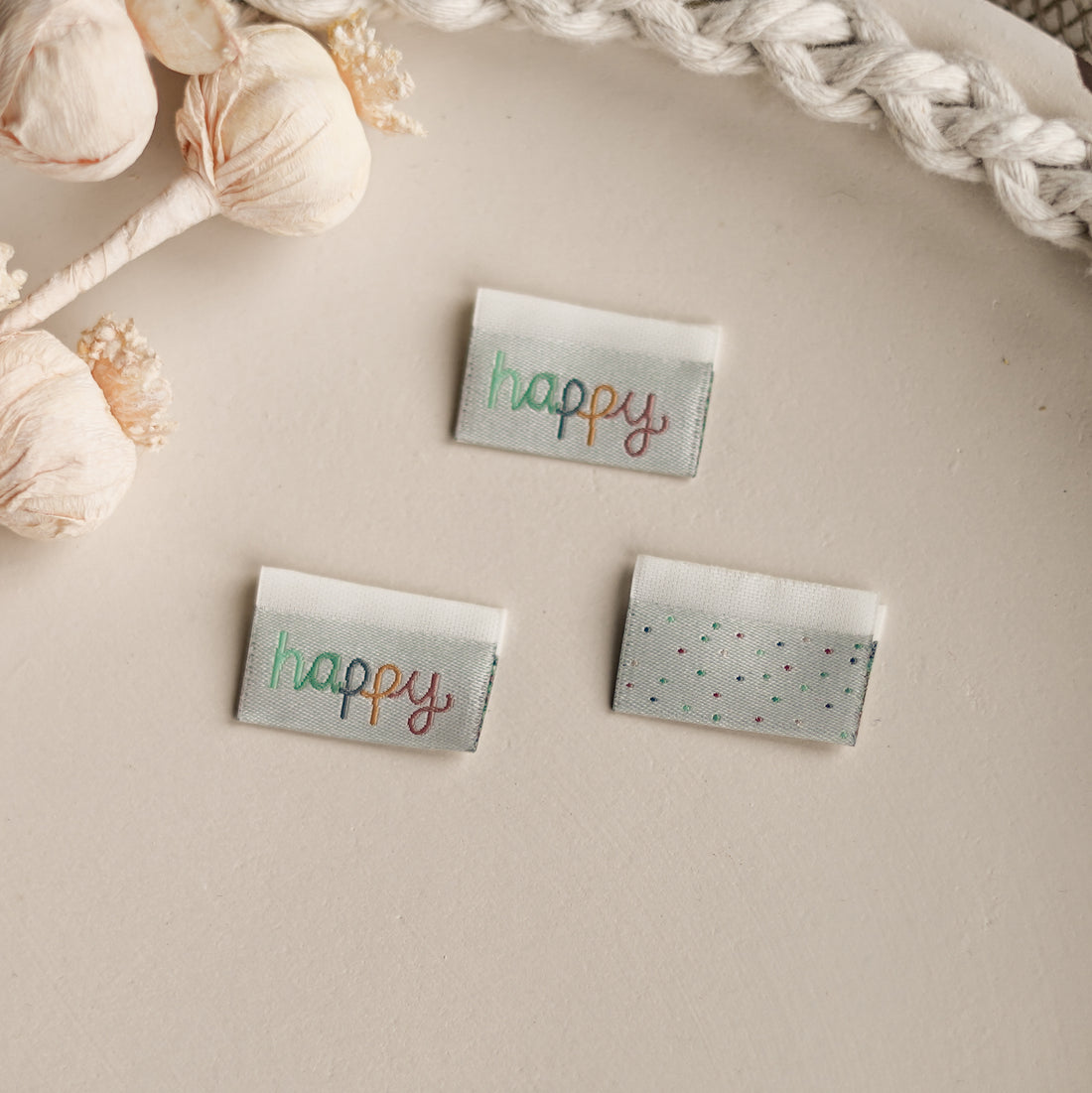 1 Set (5 Stück) doppelseitiges Weblabel happy Punte 1500-0005 26-3.1